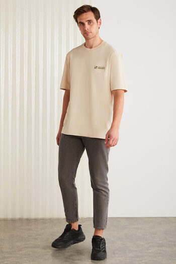 GRIMELANGE Zeus Men's Embroidery Detailed Regular Organic Cotton Knitted Crew Neck Beige T-Shirt