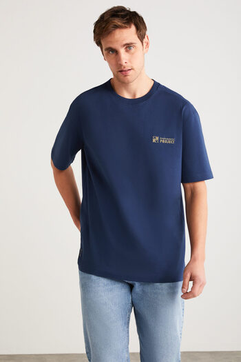 GRIMELANGE Zeus Men's - Dark Blue Organic Cotton Crew Neck T-Shirt with Embroidery Detail