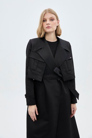 Zühre Double Breasted Collar Pocket Detailed Black Trench Coat with Vest 13536