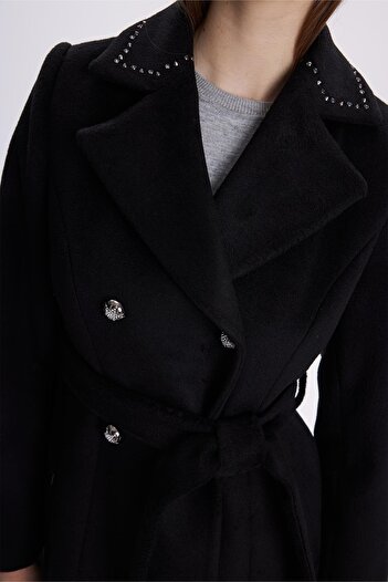 Zühre Double Breasted Collar Belted Black Coat 13664