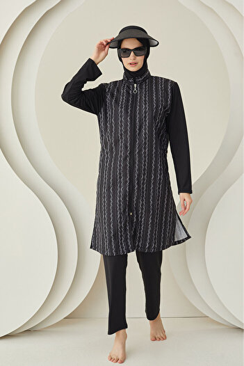 NBB Hijab Swimsuit - Black Line Pattern, Woven