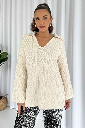 Mine Tan Butik Ecru Long V Neck Hair Knit Sweater Tunic