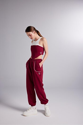 HOLLY LOLLY Paçası Lastikli Konstrast Dikişli Rhode Eşofman Altı Bordo