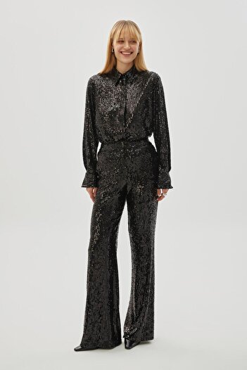 Exquise Lined Sequined Wide Leg Black Trousers