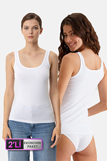 Pierre Cardin Economic Pack of 2 White 1025 Square Collar Thick Strap Basic Cotton Athlete Set