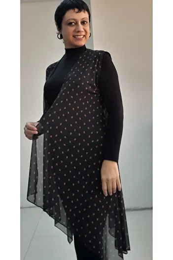 Mertcan Butik Black Red Floral Print Loose Asymmetrical Silk Gauze Vest