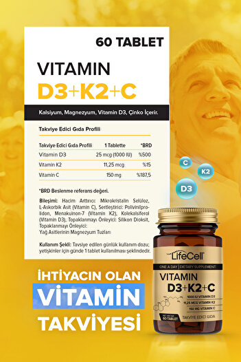 Lifecell Vıtamın D3 K2 C - 60 Tablet Komplex Vitamin Desteği