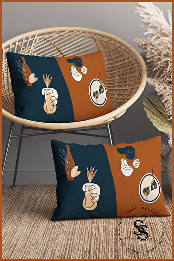 SasoHome Dark Blue Orange Surrealist Flowers Patterned 2-Piece Rectangular Throw Pillow Cover