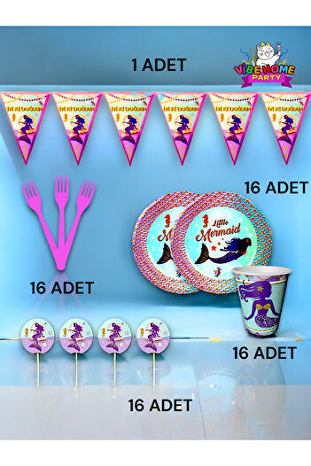 VibeHome 16 Kişilik Deniz Kızı Temalı Eko Set - Doğum Günü Parti ve Eğlenceli Etkinlikler