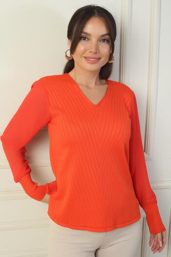 By Saygı Women's Sleeves Chiffon V-Neck Sweater