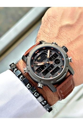 Naviforce Nf9160 Brown Leather Strap Digital Analog Erekek Wristwatch