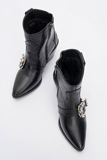 LuviShoes Γυναικείες μπότες με τακούνι ANY Black Skin Stone από γνήσιο δέρμα