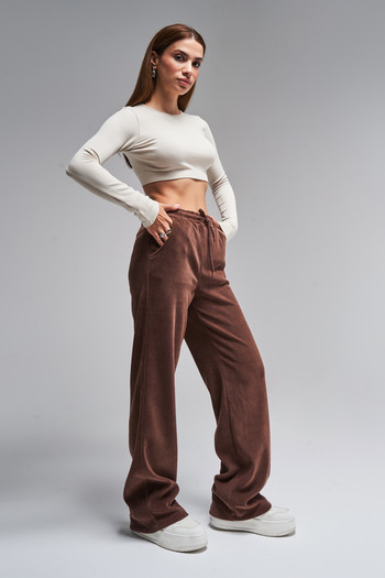 its basic Women's Coffee Color 1W416 Slim Ribbed Knitted Stretchy Velvet Fabric Pants