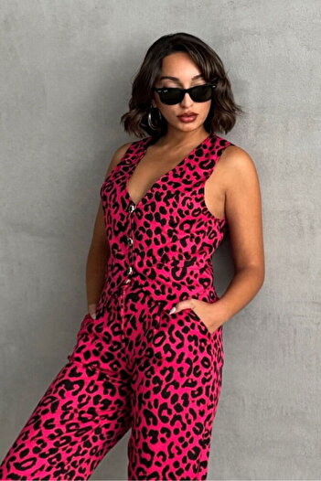 Caddebostan Moda Fuchsia Leopard Patterned Floral Buttoned Premium Luxury Trend Special Design Women's Vest