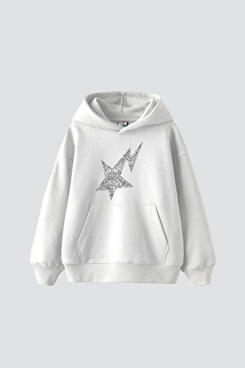 Sekizbiraltı Shining Star Stone Print Oversize Unisex Premium White Hoodie