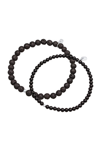 KUZZOI Brățară bărbătească cu mărgele negre, lavă și onix, din argint 925