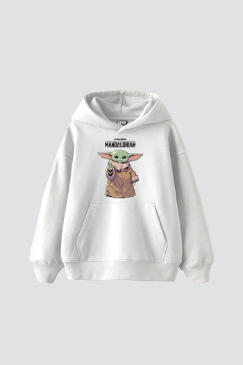 Sekizbiraltı The Mandalorian Yoda Printed - Unisex Oversize White Hoodie V2