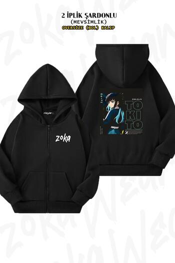 ZOKAWEAR Cardigan negru cu imprimeu pe spate Demon Slayer Muichiro Tokito - cu fermoar și hanorac (2 fire)