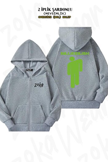 ZOKAWEAR Cardigan Billie Eilish verde gri - supradimensionat, imprimat pe spate, cu fermoar, cu glugă (2 fire)