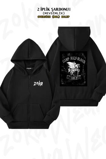 ZOKAWEAR Cabin Thirteen Camp Half Blood 2 - Back Printed Hooded Black Cardigan (2 νήματα)