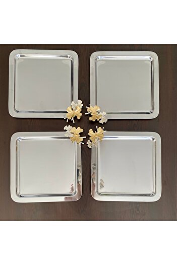 atabey home collection 6 Pcs Coffee & Tea & Presentation Tray Metal Casting Silver Tray with Butterfly Accessories