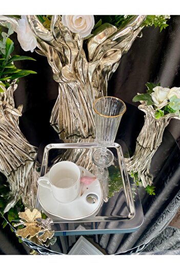 atabey home collection 2 ADET Kahve & Çay & Sunum Tepsisi Metal Döküm Gümüş Tepsi Kelebek Aksesuarlı