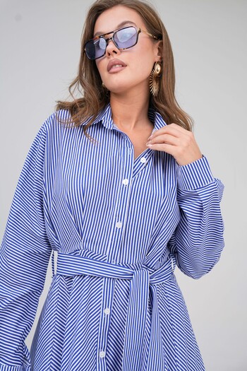 VOLT CLOTHİNG Women's Shirt Collar Striped Dress