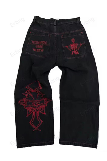 Köstebek Embroidered Skeleton Heaven Can Wait Streetwear Jean Pants