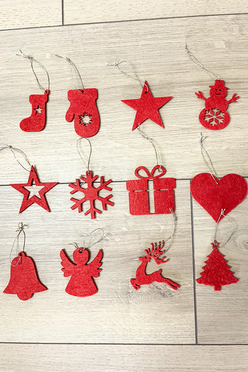 Kuzeylina Set of 12 Red Mixed Christmas Tree Ornaments – 3mm Felt, Gold String