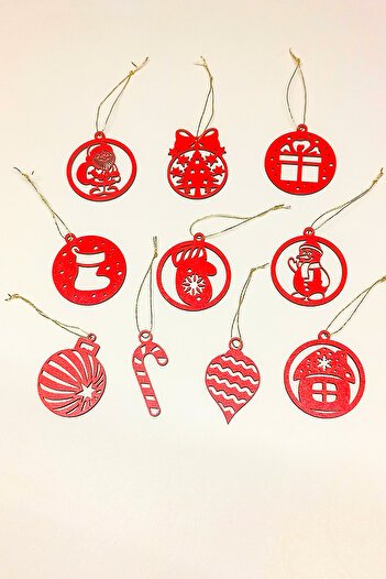 Kuzeylina Red Christmas Tree Ornament Set - 10 Pieces, 3mm Mdf