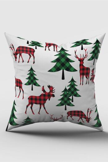 SasoHome New Year's Deer And Pine Trees Plaid Patterned Digital Printed Throw Pillow Cover