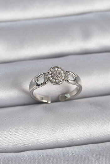 Skygo Women's Brass Silver Ring with Zirconia and Pearls - Adjustable Heart Embroidery Detail Tj-Byk3359