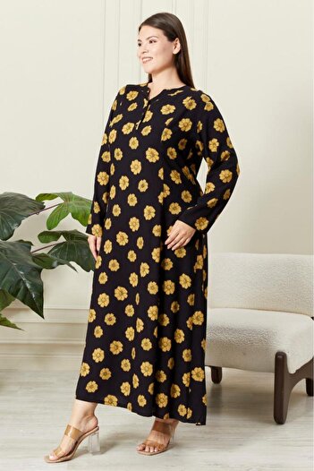 LİKAPA Long Sleeve Viscose Floral Patterned Plus Size Mother's Dress with Cup