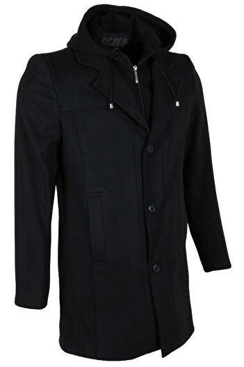 Modarar Men's Hooded Regular Fit Black Stamp Coat Rar01268