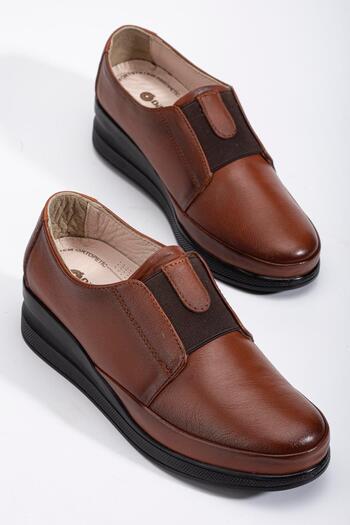 Dilimler Ayakkabı Orthopedic Genuine Leather Women's Wedge Heeled Shoes - Tan Elastic Band Laceless