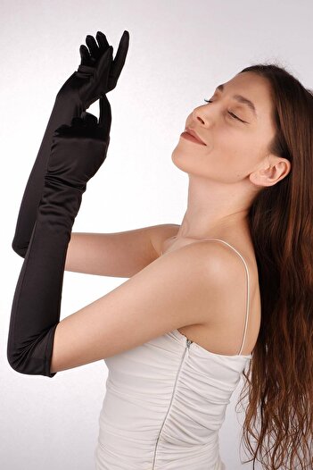 Hobigram Black Satin Long Bridal Gloves 56 cm Dance Opera Gloves – Party Gloves, Stylish Design – Party Eld
