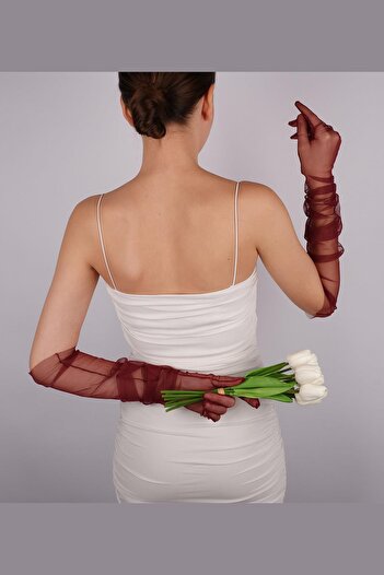 Hobigram Burgundy Long Stylish Tulle Gloves Wedding Wedding Party Costume Gloves – Party Gloves, Stylish Design – Party