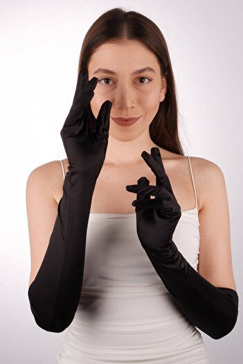Hobigram Black Satin Long Bridal Gloves 56 cm Dance Opera Gloves – Party Gloves, Stylish Design – Party Eld