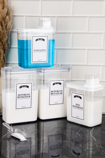 DNS HOME Set of 4 Detergent Storage Containers Self Scale Liquid Softener Colored Whites Label 3000ml