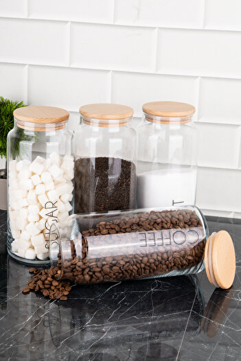 DNS HOME 1300ml Clear Labeled Wooden Vacuum Lid Tea and Coffee Salt Glass Storage Set of 4