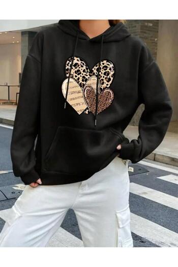 caddekombin Leopard 3-Piece Heart Printed 2 Thread Raster Hooded Pocket Sweatshirt