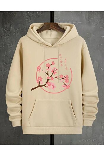 caddekombin Floral Branch Print 2 Thread Raster Hooded Pocket Sweatshirt