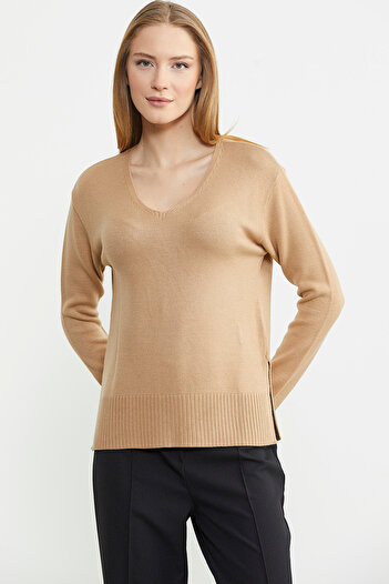 Sementa Camel Loose V-Neck Basic Knitwear Sweater