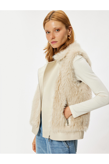 Koton Faux Leather Plush Vest with Zippered Pockets