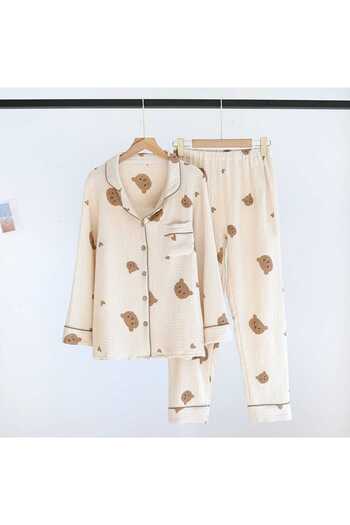 PEMBİŞ HOMEWEAR Bürümcük Shirt Collar Brown Bear Pajama Set