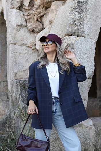 bytugcekaya Jachetă oversize în carouri bleumarin mărime standard