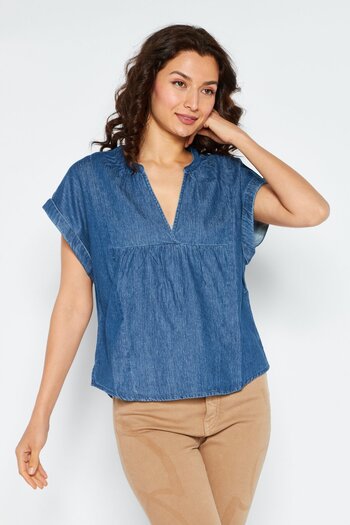 Esprit Women Split Neck Cuffed Sleeve Textured Top, Blue