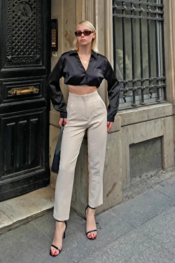 Swist Beige Anna High Waist Thin Women's Trousers