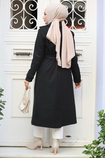 Neva Style Kemerli Siyah Tesettür Kaşe Kap 61441S