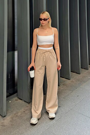 Swist Beige Striped Masculine Tied Women's Trousers